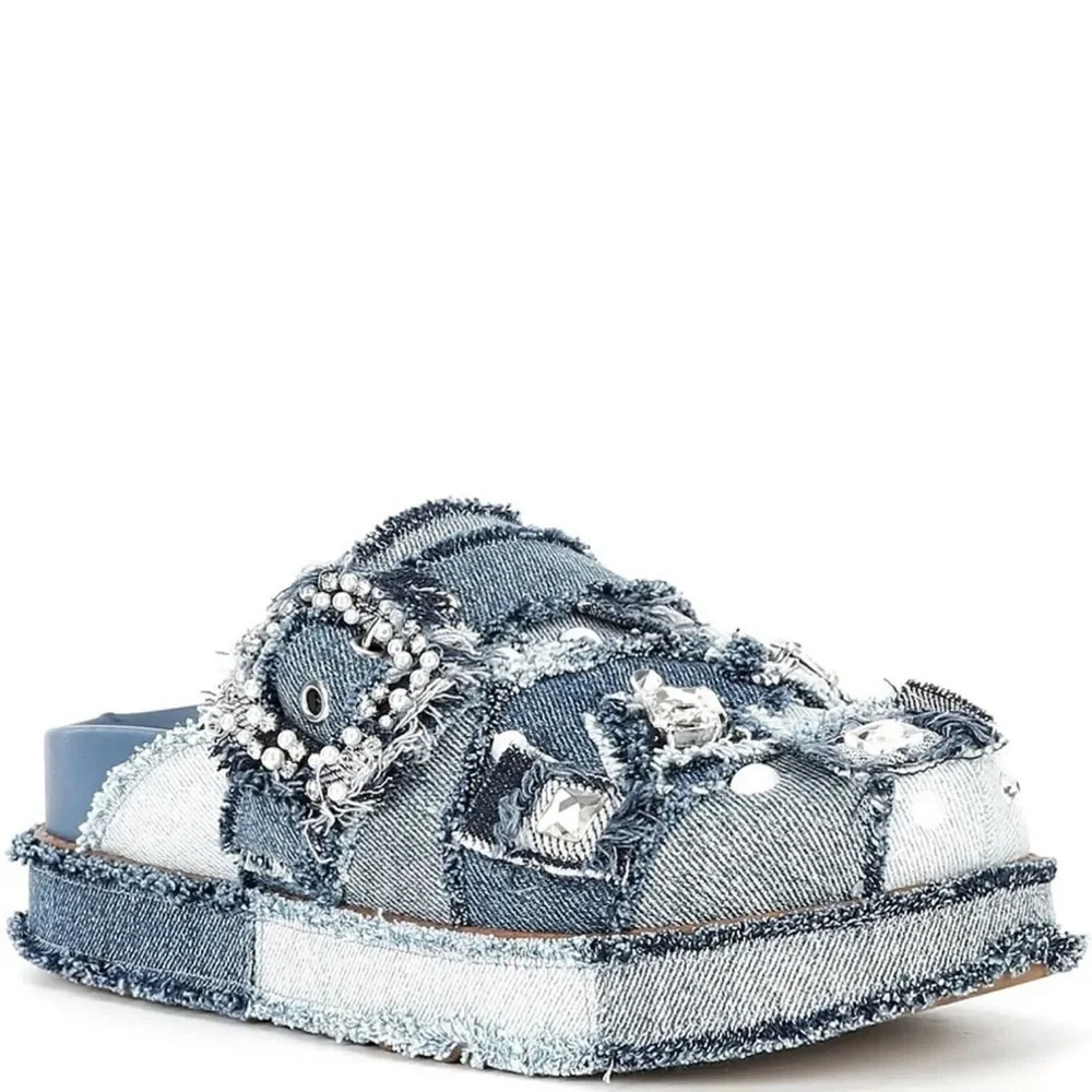 NWT Gianni Bini Omari Denim Patchwork Jewel and Pearl Embellished Platform Clogs
